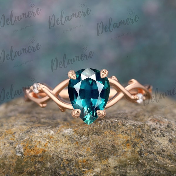 Teardrop Shape Teal Sapphire Engagement Ring Green Gemstone Ring Twist Ring Solid Rose Gold Ring Moissanite Cluster Ring Anniversary Gifts