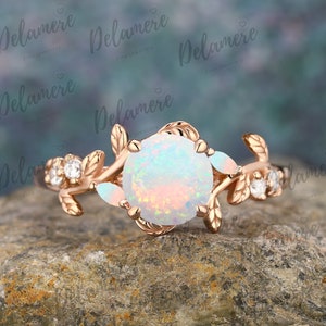 Round Cut 1.0CT Lab Opal Engagement Ring 14K Solid Rose Gold Cluster Ring Anniversary Gift Natural Inspired Leaf Ring Handmade For Her