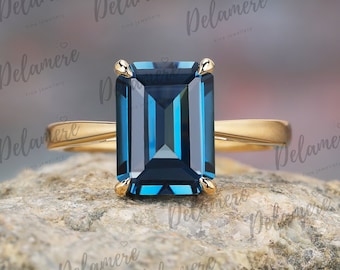 Emerald Cut Natural London Blue Topaz Engagement Ring Solid Yellow Gold Ring Solitaire Gemstone Ring Promise Ring Anniversary Gifts For Her