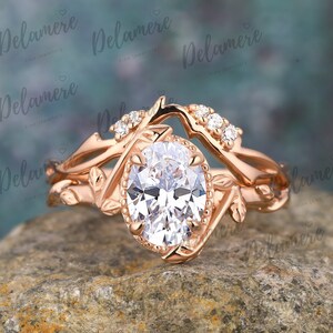 Oval Cut Moissanite Engagement Ring Set Rose Gold Ring Set Unique Leaf Ring Art Deco Rings For Women Anniversary Bridal Set Proposal Ring