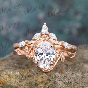 Oval Cut Moissanite Gold Engagement Ring Set Nature Inspired Leaf Ring Set Gift For Women Stacking Ring Matching Ring Set Anniversary Ring