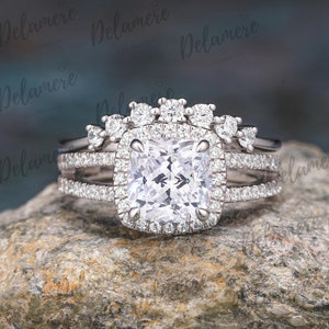 Cushion Cut Moissanite Bridal Sets Halo Engagement Ring Sets Eternity Moissanite Ring Anniversary Gifts Solid White Gold Bridal Ring For Her