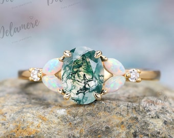 Oval Natura Moss Agate Engagement Ring Opal Cluster Ring Solid Yellow Gold Unique Wedding Ring For Women Art Deco Bridal Ring For Her Gift