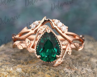 14K Solid Yellow Gold Emerald Wedding Bridal Sets Ring Natuur Geïnspireerd Leaf Ring Pear Cut Lab Gemaakt Emerald Engagement Ring Set voor vrouwen