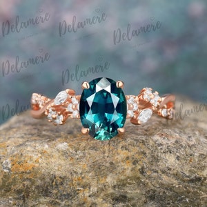 Oval Shape Teal Sapphire Engagement Ring Nature Inspired Leaf Ring Solid Rose Gold Ring Twist Ring Anniversary Gifts Moissanite Cluster Ring
