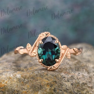 Vintage Natural Teal Sapphire Engagement Ring Solid Rose Gold Ring Natural Inspired Leaf Twig Ring Blue Green Gemstone Ring Anniversary Gift