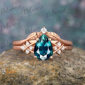 Pear Cut Teal Sapphire Engagement Ring Sets Blue Green Sapphire Wedding Band Solid Gold Ring Anniversary Gifts Handmade Ring Leaf Ring