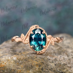Oval Cut Teal Sapphire Engagement Ring Solid Gold Ring Nature Inspired Leaf Ring Anniversary Gifts Twig Ring Vintage Handmade Ring For Her