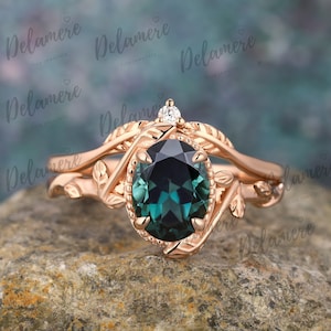Vintage Natural Teal Sapphire Engagement Ring Sets Moissanite Cluster Wedding Band Solid Gold Gemstone Bridal Set Anniversary Gift Twig Ring