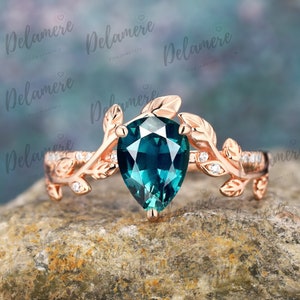 Teardrop Shape Lab Teal Sapphire Engagement Ring Nature Inspired Leaf Solid Gold Ring Gemstone Ring Twig Ring Anniversary Gifts For Her