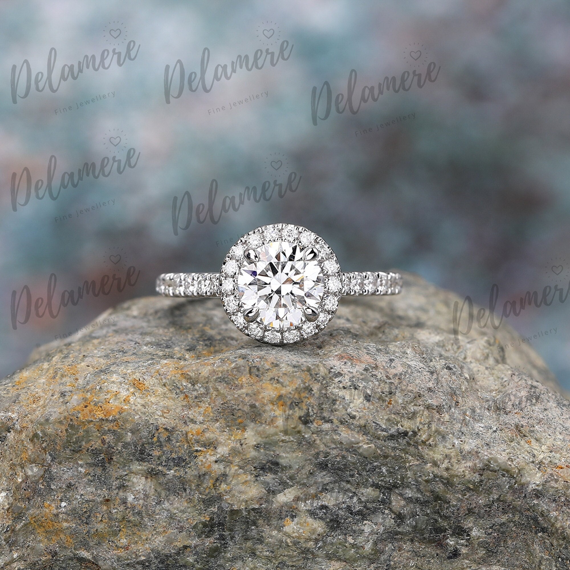 Round Brilliant 1ct Lab Grown Diamond Engagement Ring Genuine IGI Certified Solid 14K White Gold Wedding Ring Halo Proposal Ring Bridal Ring, image size:2000x2000