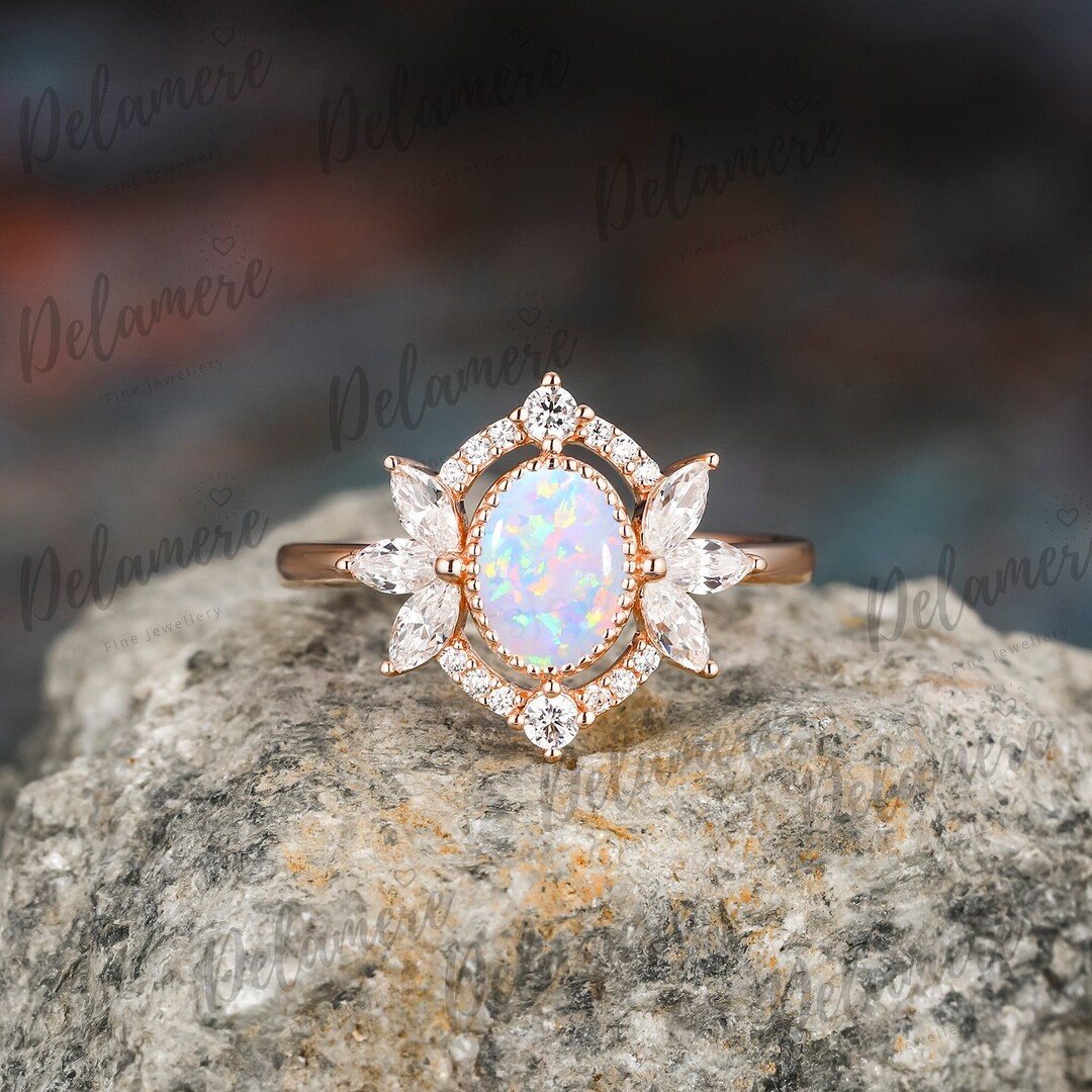 Oval Cut Lab Opal Engagement Ring 14k Solid Rose Gold Moissanite ...