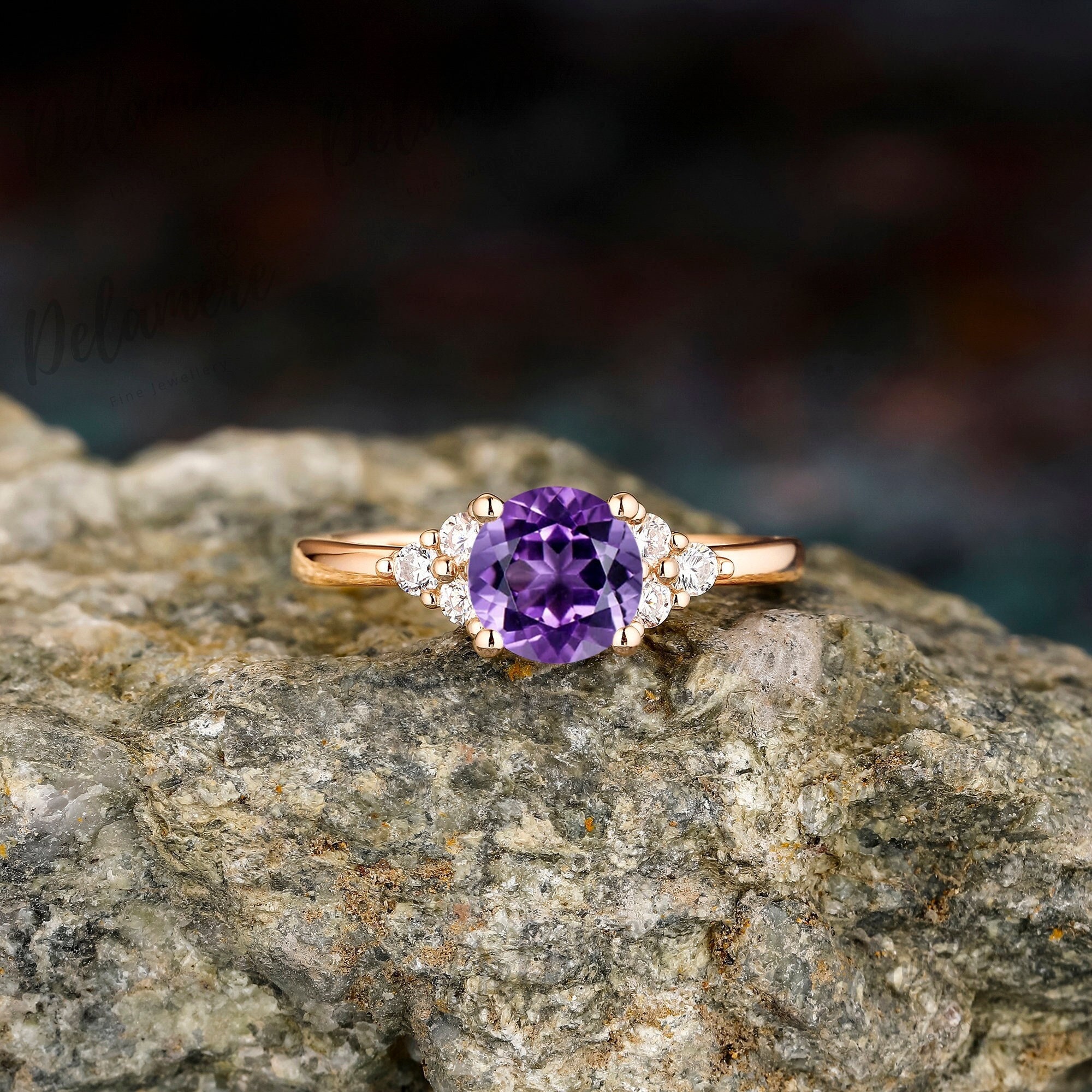 Round Cut Natural Amethyst Engagement Ring 14k Solid Rose Gold Ring for Women Gemstone Wedding Band Proposal Ring Anniversary Gift For Her