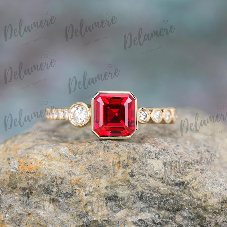 Asscher Cut Red Ruby Engagement Ring Unique Design Moissanite Cluster ...