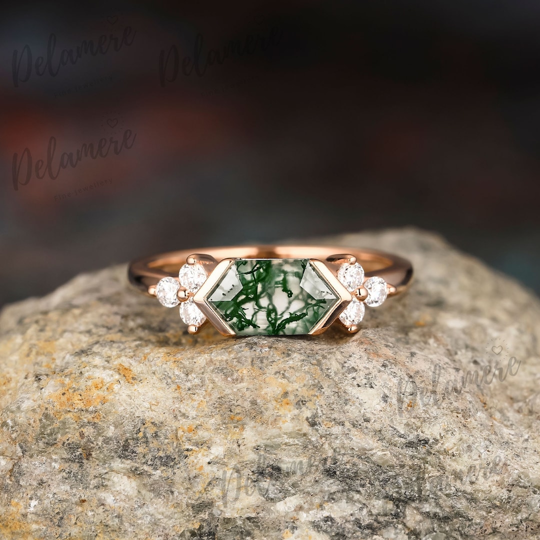 Vintage Natural Moss Agate Engagement Gold Ring Unique 925 Sterling ...