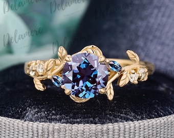 1CT Alexandrite Engagement Ring Leaf and vine Engagement Ring Rose Gold Ring Nature Inspired Alternative Gemstone Promise ring for her