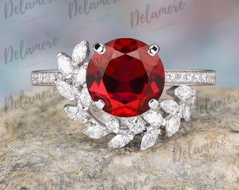 Nature inspired branches wedding ring Round shape red ruby engagement ring Moissanite solid gold bridal ring Leaf design ring Handmade ring