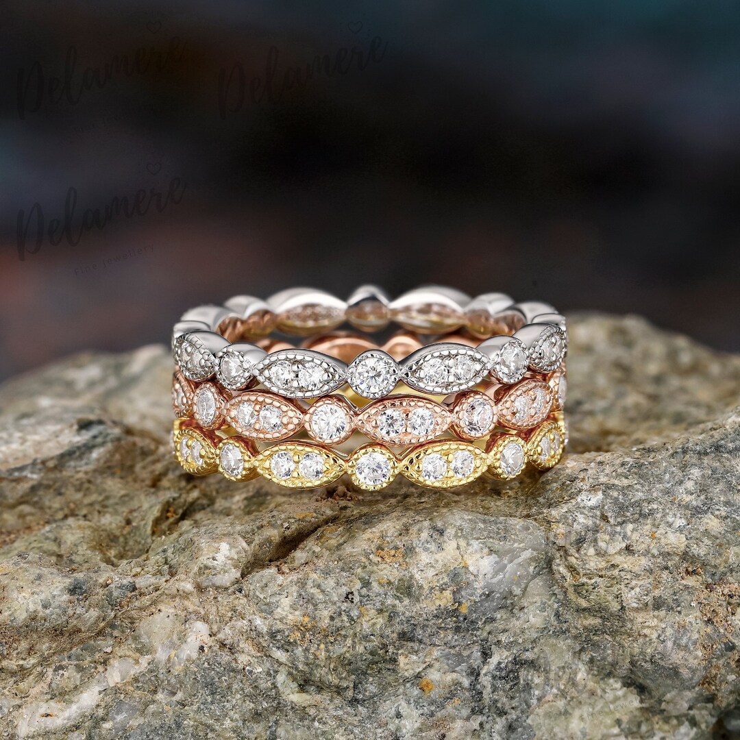 14k Solid Gold Moissanite Full Eternity Wedding Band Dainty Matching ...