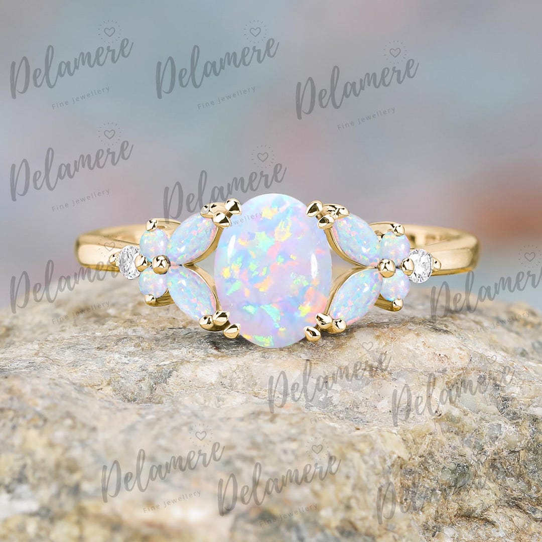 Oval Shape Opal Engagement Ring Moissanite Solid Gold Bridal Ring ...