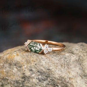 Vintage Natural Moss Agate Engagement Gold Ring Unique 925 Sterling ...