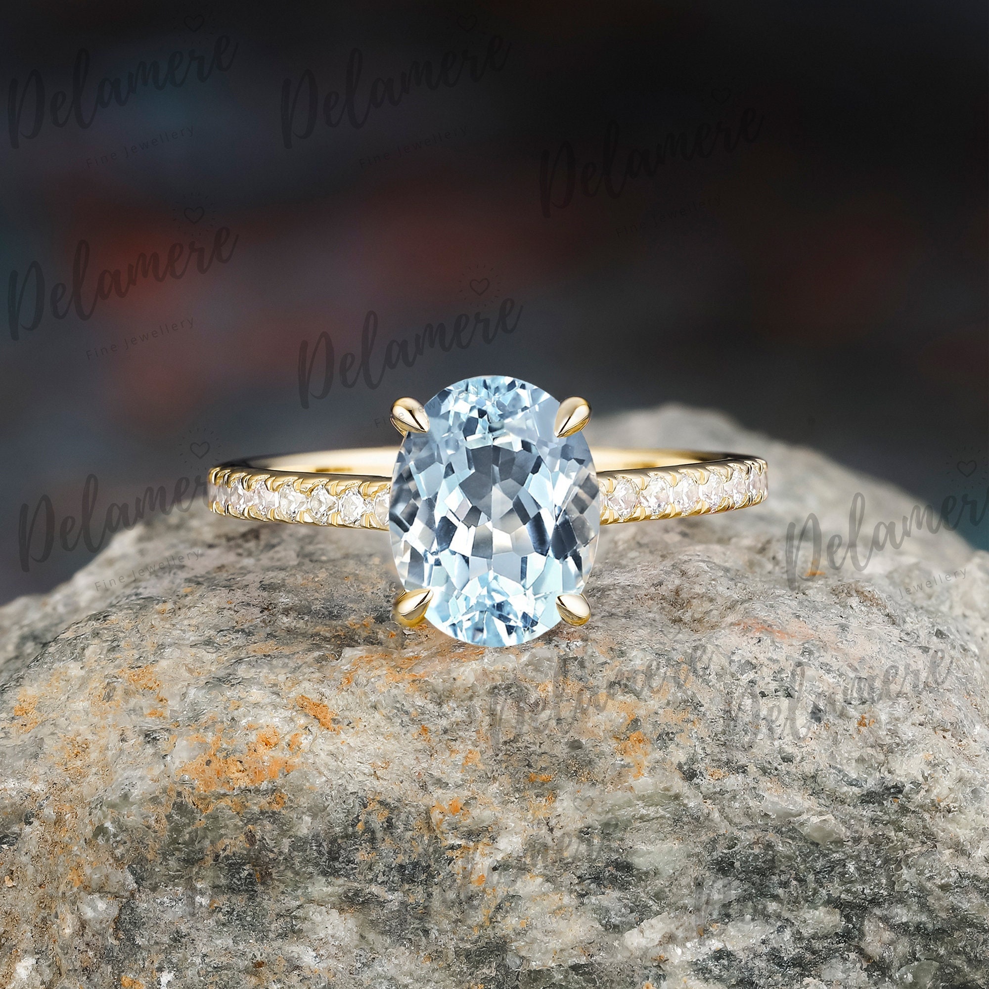 Natural Aquamarine Engagement Ring Oval Shape Solid Yellow Gold Ring Lab Grown Diamond Bridal Ring Anniversary Gifts For Her Wedding Ring