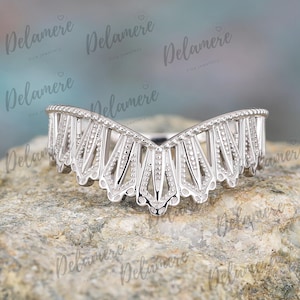 Unique crown design wedding band Matching band Anniversary gifts Promise band Solid 14k white gold wedding ring Curved band for women