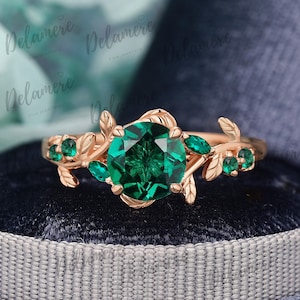 Round cut Lab Created Emerald Engagement Ring Leaf and vine Engagement Ring Rose Gold Ring Nature Inspired Alternative Gemstone Promise ring