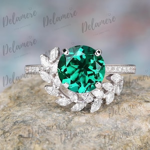 May Birthstone gemstone ring Round shape green emerald bridal ring Moissanite statement solid gold ring Anniversary handmade ring for women