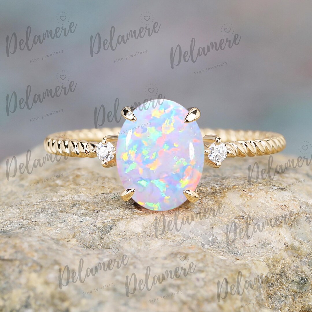 Oval Cut Opal Engagement Ring Moissanite Solid Gold Bridal Ring Unique ...
