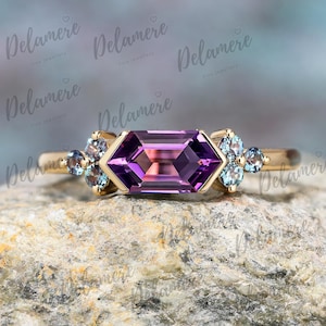 Hexagon cut natural amethyst engagement ring Solid yellow gold bridal ring Unique alexandrite cluster ring Anniversary handmade ring for her