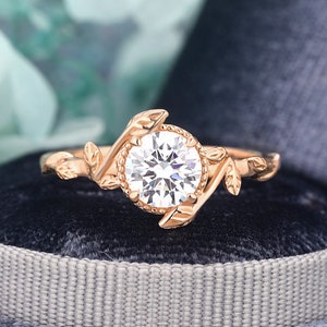 Round Cut 0.8CT Moissanite Engagement Ring 14K Solid Rose Gold Art Deco Ring Natural Inspired Leaf Ring Twig Ring Anniversary Wedding Ring