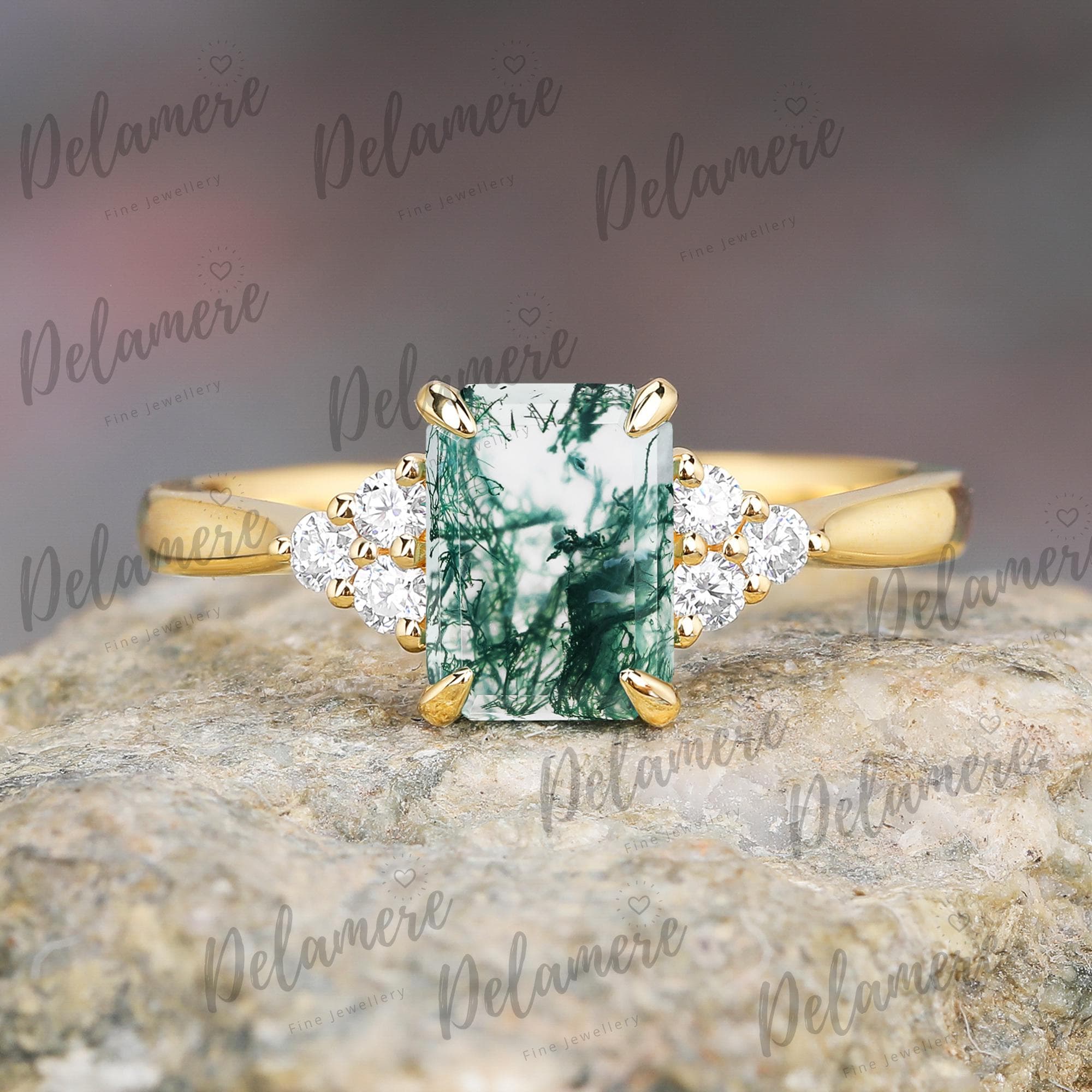 Unique Solid gold bridal ring Emerald cut natural moss agate engagement ring Round shape moissanite ring Anniversary ring Aquatic agate ring