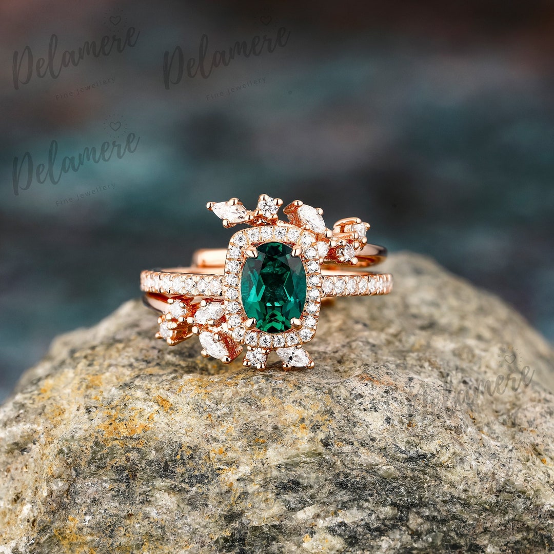 Art Deco Green Emerald Engagement Ring Set 2pcs Rose Gold Bridal Ring ...