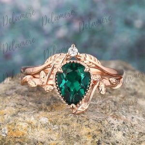 Pear Cut 1.5CT Lab Emerald Engagement Ring Set 14K Solid Rose Gold Wedding Bridal Ring Set Nature Inspired Leaf Ring Set Women Branch Ring