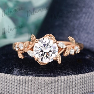 Unique moissanite engagement ring Unique 14K solid rose gold promise ring Nature inspired art deco leaf ring Anniversary gifts for women