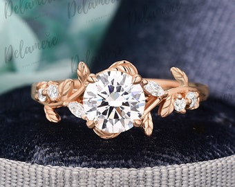 Unique moissanite engagement ring Unique 14K solid rose gold promise ring Nature inspired art deco leaf ring Anniversary gifts for women