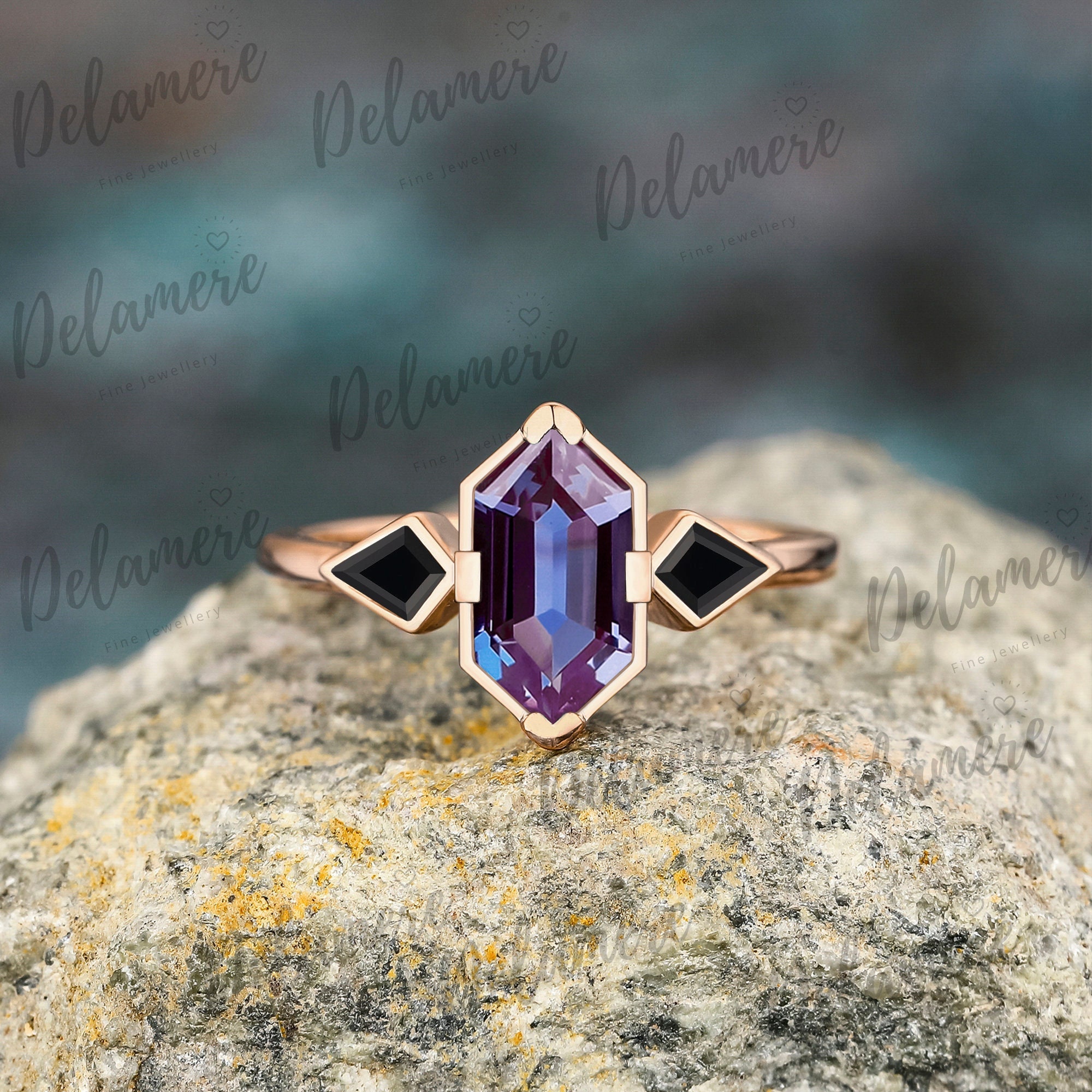 Hexagon Cut Alexandrite Engagement Gold Ring Natural Black Onyx Cluster Ring Unique Bezel Setting Three Stone Promise Ring Anniversary Gift