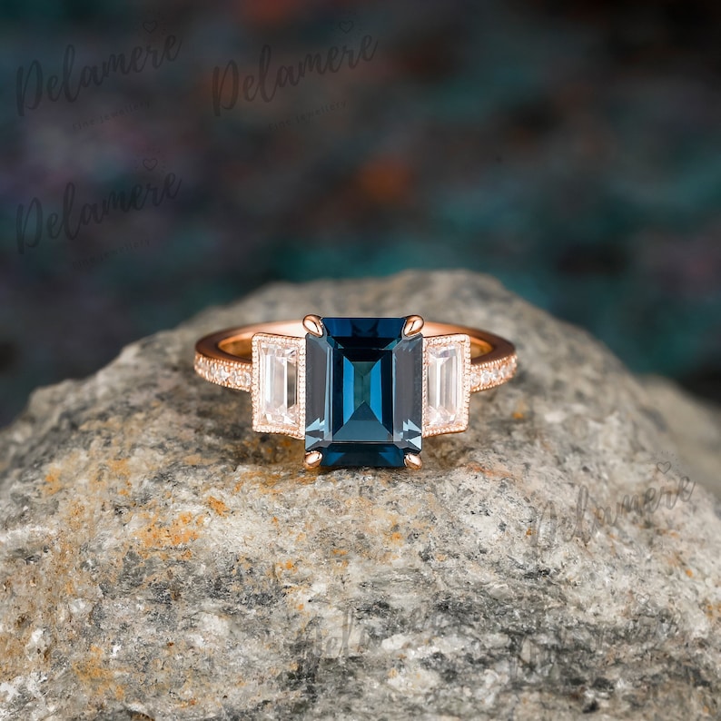 Emerald Cut Natural shops London Blue Topaz Engagement Ring Solid Gold Art Deco Gemstone Ring Moissanite Three Stone Ring Bridal Anniversary Ring