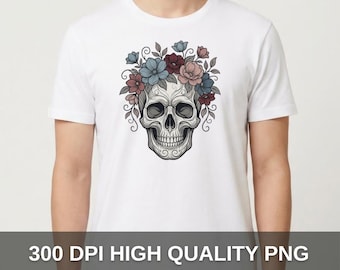 Floral Skull T-Shirt Design – Boho Gothic Flower Skull Illustration, Tattoo Style Art, Printable Graphic