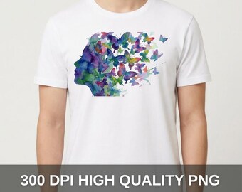 Butterfly Woman Silhouette T-Shirt Design – Watercolor Female Face Art, Freedom Mind Illustration, Printable Graphic