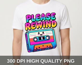Please Rewind Cassette T-Shirt Design – Retro 80s 90s Tape Illustration, Vintage Nostalgia Graphic Tee