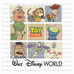 Könnte beinhalten: Eine Collage im Vintage-Stil mit Figuren aus Toy Story, darunter Woody, Buzz Lightyear, Mr. und Mrs. Potato Head, Rex und Slinky Dog. Die Collage hat einen abgenutzten, verblassten Look und enthält den Text "Toy Story" und "Walt Disney World".
