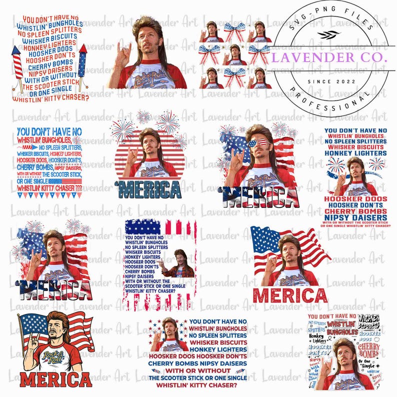 K&ouml;nnte beinhalten: Eine Sammlung von SVG- und PNG-Dateien mit einer Cartoon-Figur, patriotischen Themen und Text. Die Designs enthalten das Wort "MERICA" und S&auml;tze wie "You don't have no whistlin' bungholes."