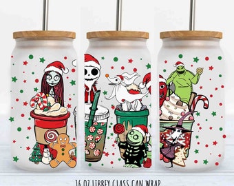 Christmas Nightmare 16oz Glass Can Wrap, Christmas Libbey Can Wrap, Libbey Glass Can 16oz, Nightmare  Glass Can Wrap, Christmas Coffee 16oz