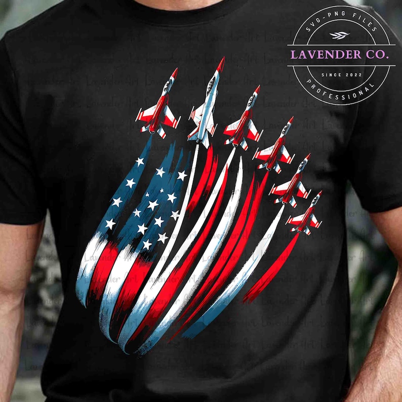 May include: Black t-shirt featuring a graphic of six red, white, and blue jets in formation, creating the American flag's stripes and stars. The jets are leaving red vapor trails. The shirt has the text "SVG-PNG FILES" and "LAVENDER CO. SINCE 2022 PROFESSIONAL".