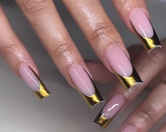 Gold Chrome French press ons | Summer press on nails | Handmade Press On Nails