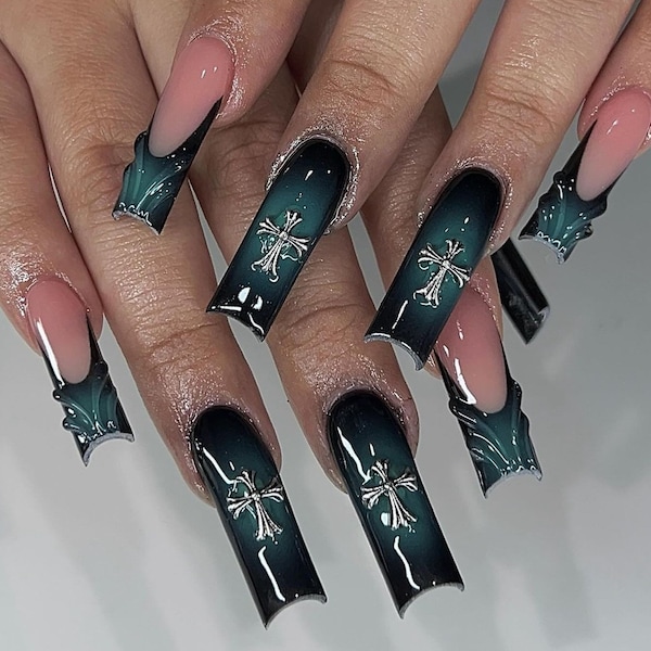 Black & Green aura + Charms | Summer press on nails | Handmade Press On Nails