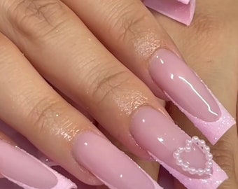 Pink Sugar French + Charm press ons | press on nails | Handmade Press On Nails