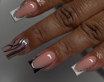 Chrome + Frenchies  press ons | press on nails | Handmade Press On Nails