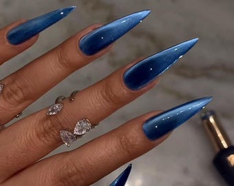 Blue Velvet Glass Cateye press ons | Spring press on nails | SpringPress On Nails |  Handmade Press On Nails